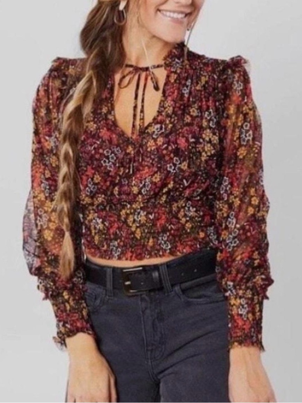 Free People Burgundy Floral Tie-Neck Smocked Crop Top